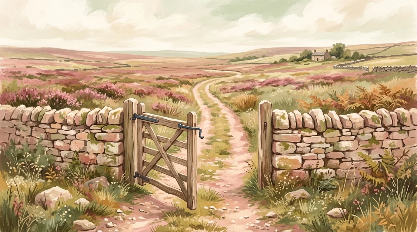 An open gate in a drystone wall with a track running through it on a bright overcast morning — the Lesson's promise to keep thee in thy journey