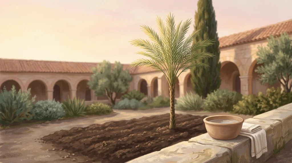 young palm rising from dark garden earth beside a stone wall holding an earthenware basin and a folded towel, an image of the pattern of true humility