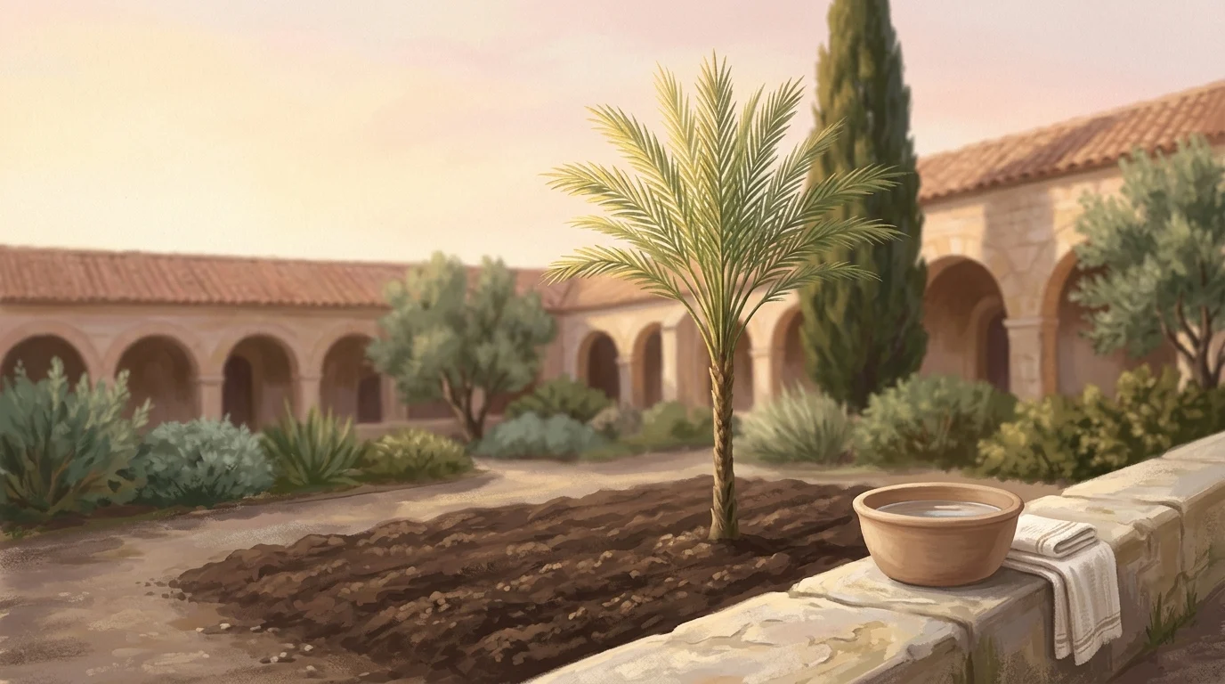 young palm rising from dark garden earth beside a stone wall holding an earthenware basin and a folded towel, an image of the pattern of true humility