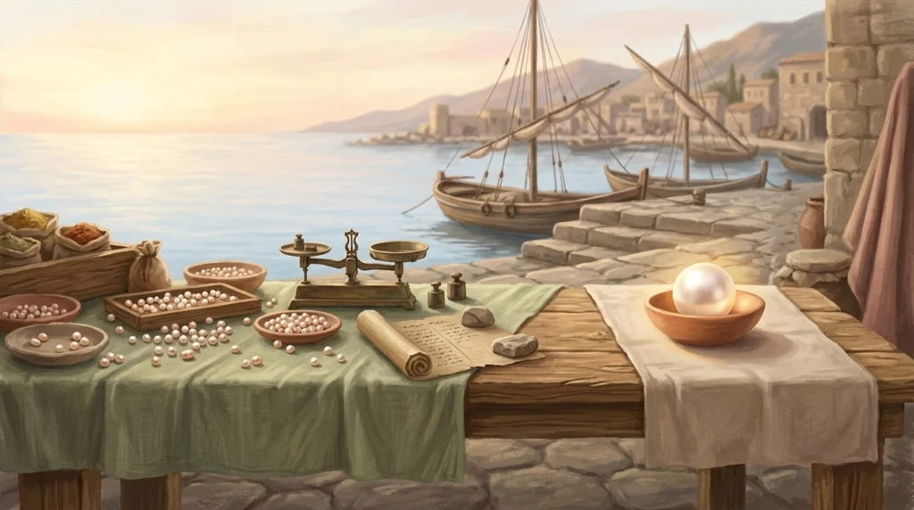 A merchant's table of many small pearls at a harbour market at sunrise, with one large luminous pearl set apart, the pearl of great price