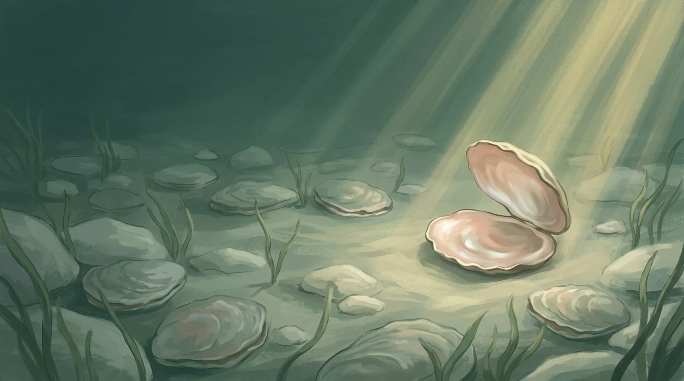 Sunlight falling through shallow water onto a bed of pearl oysters, one shell glowing open, an image of seeking the pearl of great price