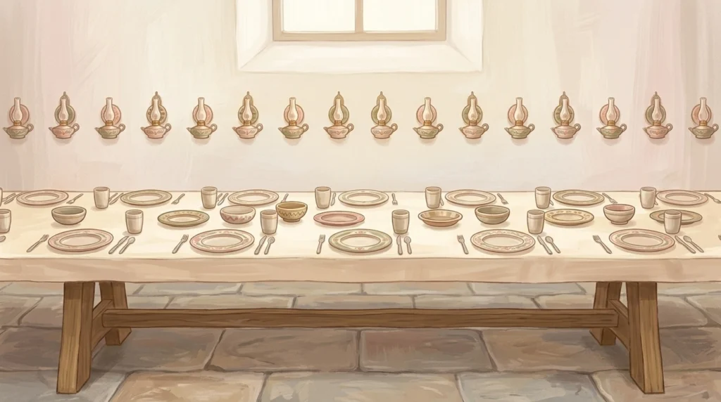 A long table set with places still empty, an image of the prayer to rejoice in their fellowship