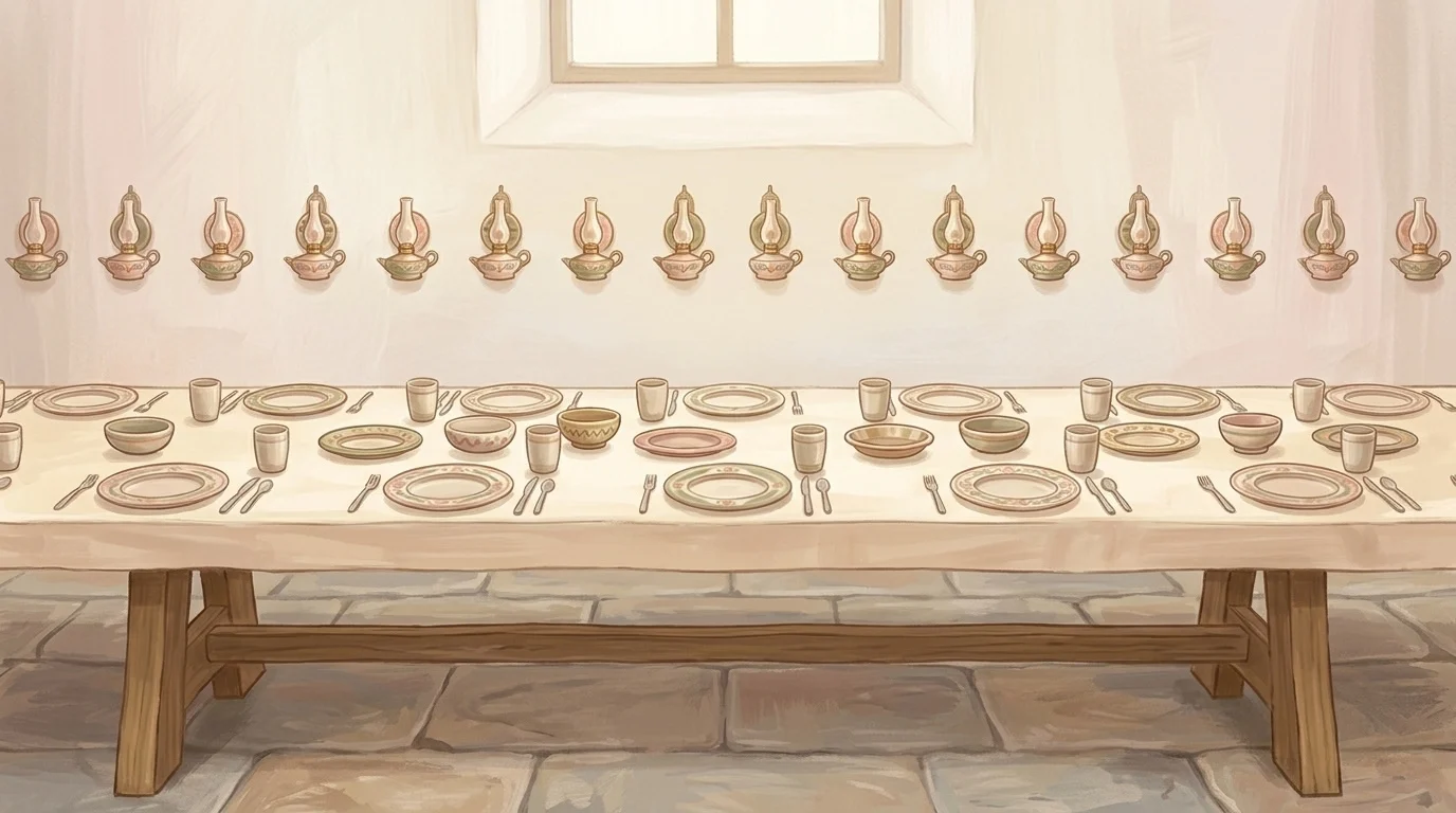 A long table set with places still empty, an image of the prayer to rejoice in their fellowship