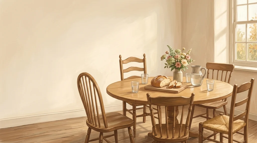 A round oak table with mismatched chairs all turned to the centre and a broken loaf, a table with no head, an image of being subject one to another
