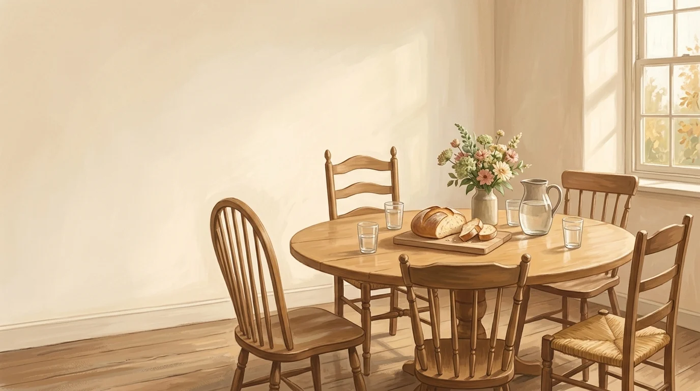 A round oak table with mismatched chairs all turned to the centre and a broken loaf, a table with no head, an image of being subject one to another