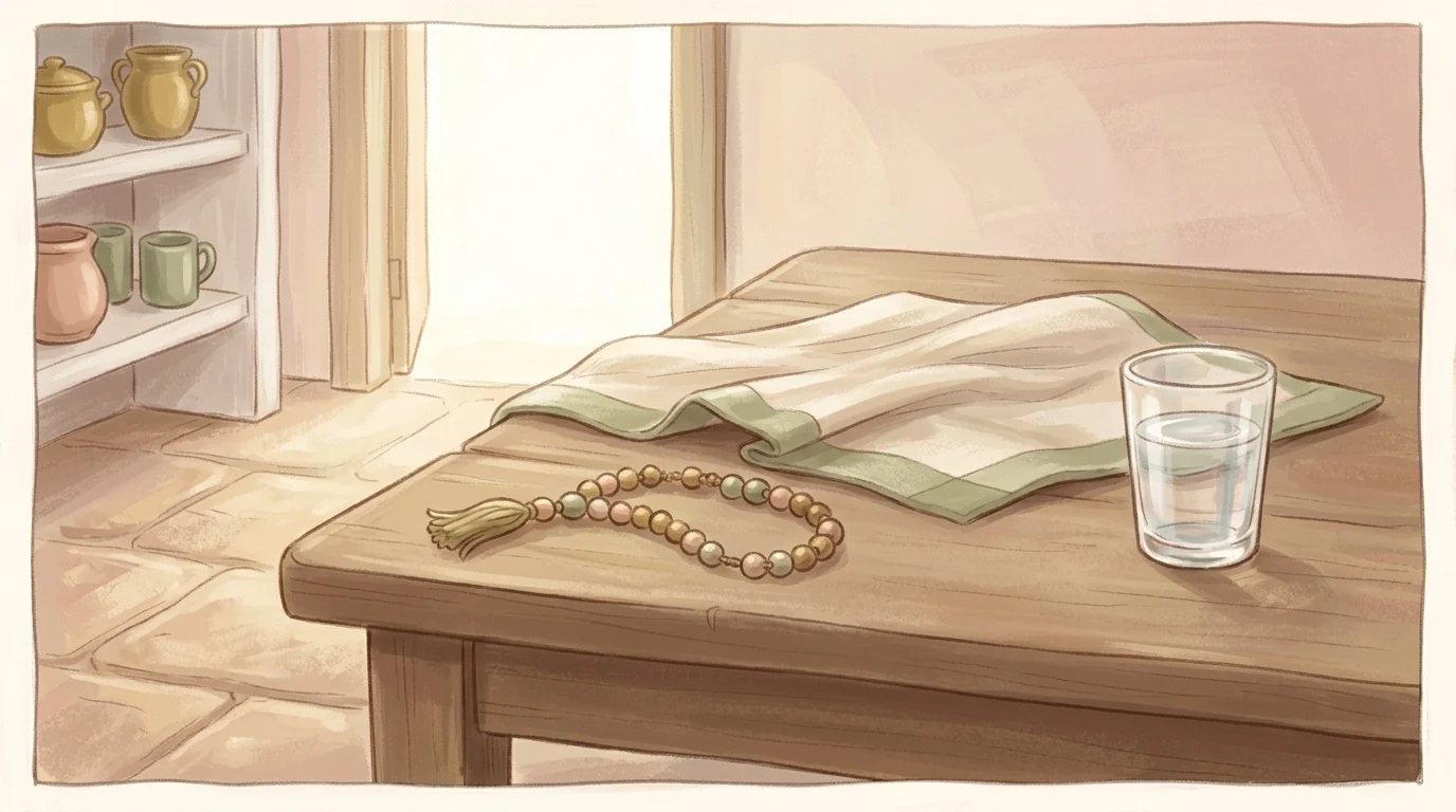 Worn beads lying on a plain kitchen table in weekday daylight, for a Collect that asks what the most holy Rosary is actually for