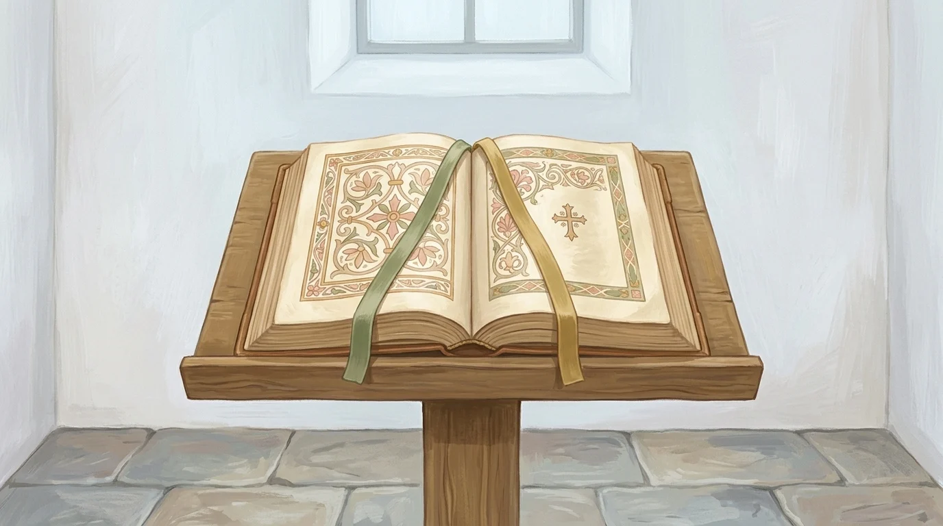 An open missal on a wooden lectern in morning light with two ribbons holding two separate pages, the Gradual and the Communion verse of one green Sunday, both asking that my ways may be directed