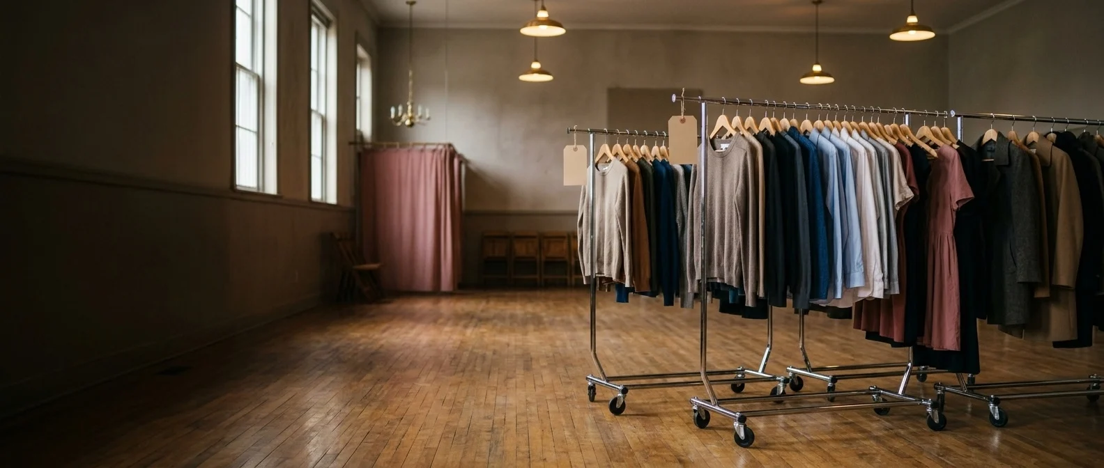 Rolling racks of clean clothing sorted by size under warm light in a quiet hall, before a free clothing swap opens