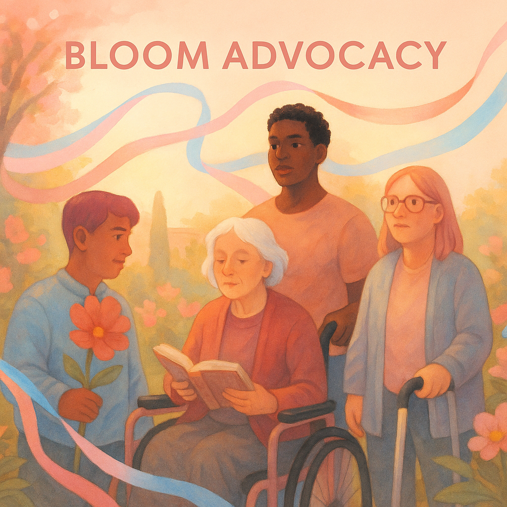 A soft illustration of trans and disabled advocates standing together in a blooming garden courtyard, surrounded by ribbons of blush pink, peach, and trans-flag blue. The scene symbolizes unity, healing, and justice through grace.