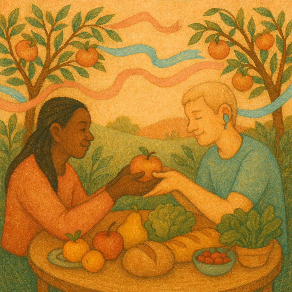 A soft pastel illustration of trans and disabled people gathered around a long table beneath blooming trees, sharing food and laughter. The scene glows with blush pink, peach, and trans-flag blue tones, symbolizing nourishment, dignity, and community care.