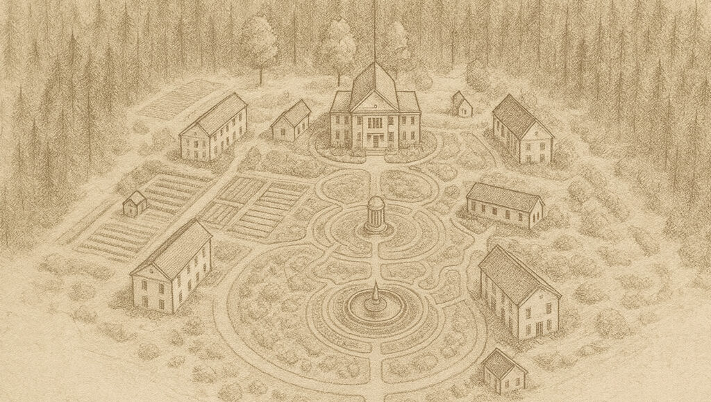Hand-drawn illustration of Bloom Ministries’ future 75-acre sanctuary campus with gardens, church, and community spaces for healing and belonging.