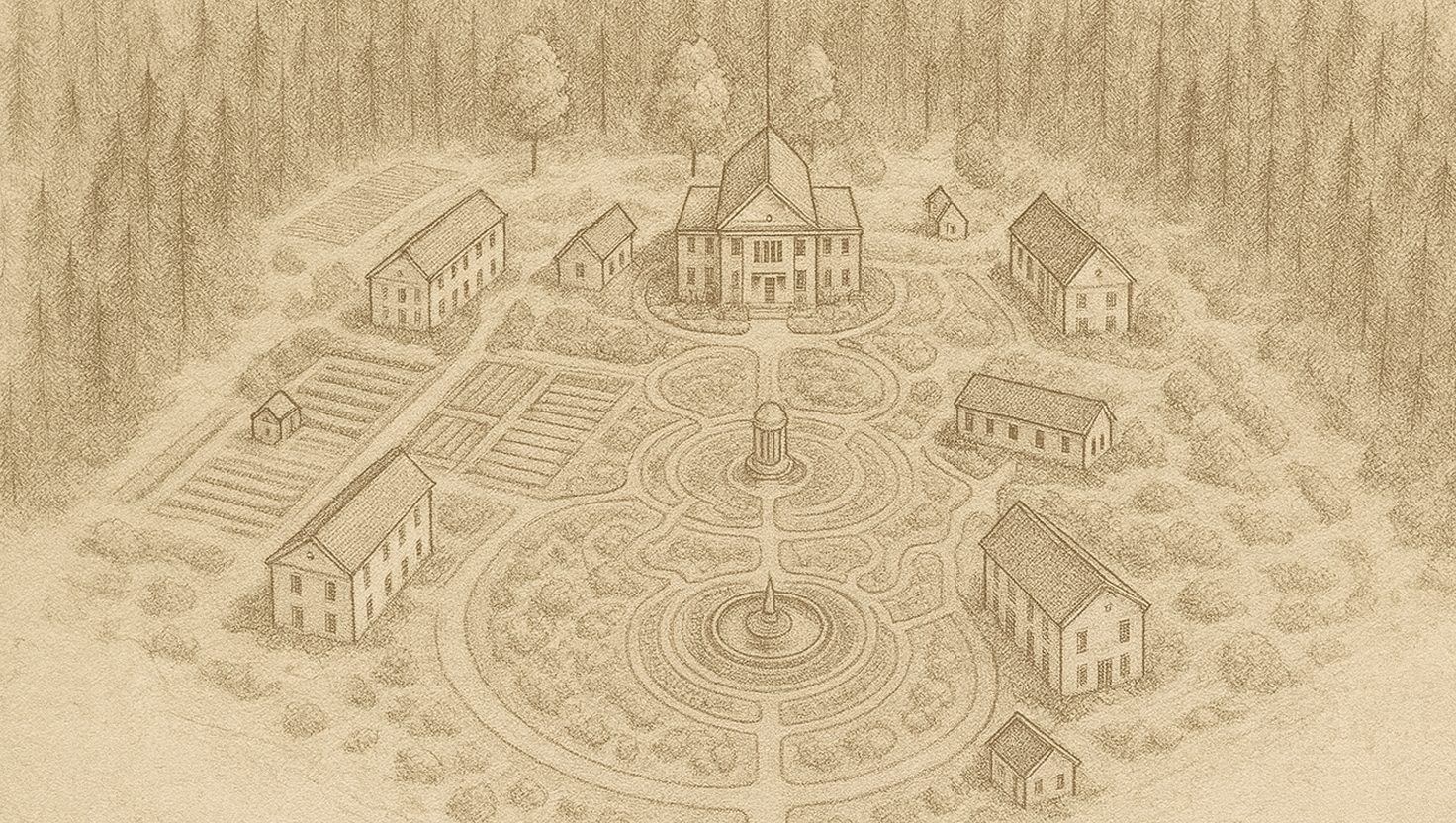 Hand-drawn illustration of Bloom Ministries’ future 75-acre sanctuary campus with gardens, church, and community spaces for healing and belonging.