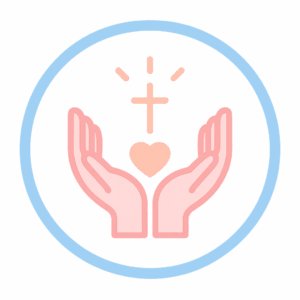 A minimalist pastel icon of two open hands lifting a small glowing light in Bloom Ministries’ colors of blush pink, peach, rose, and trans-flag blue. The design symbolizes faith, tenderness, and divine healing through grace.