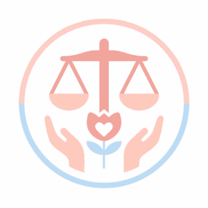 A minimalist pastel icon of balanced scales blooming into gentle flowers, created in Bloom Ministries’ colors of blush pink, peach, rose, and trans-flag blue. The design represents justice rooted in love, advocacy as worship, and the sacred balance of grace and action.