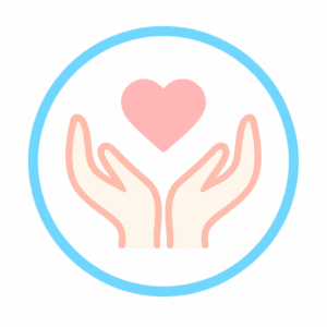 A minimalist pastel icon of two open hands forming a blooming flower with a small heart in the center, surrounded by a soft circular outline in trans-flag blue. The design represents radical belonging and unconditional love.