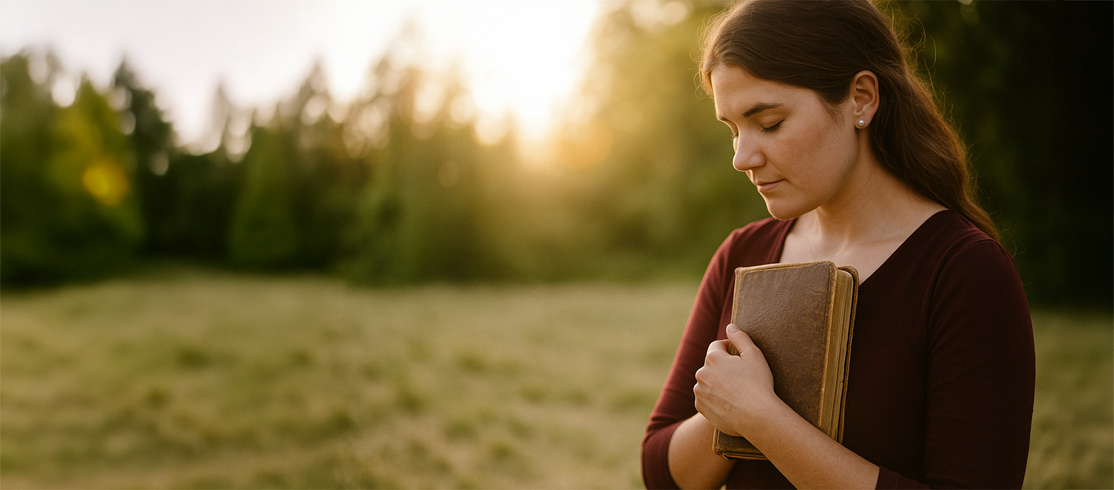 A brown-haired woman holds an old missal to her chest while praying outdoors in warm morning light.