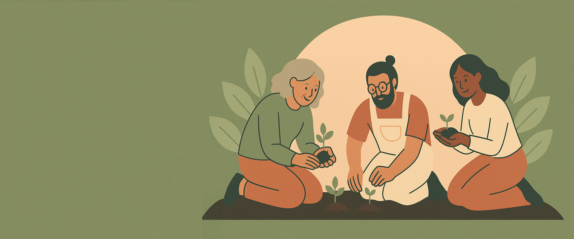 Illustration of three diverse people planting seedlings together under warm light, symbolizing growth, collaboration, and faith in action — created in Bloom Ministries’ soft pink and green color palette.