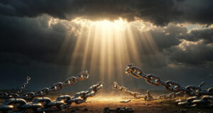Broken metal chains on the ground beneath dramatic sunbeams breaking through dark clouds, symbolizing truth, freedom, and deliverance.