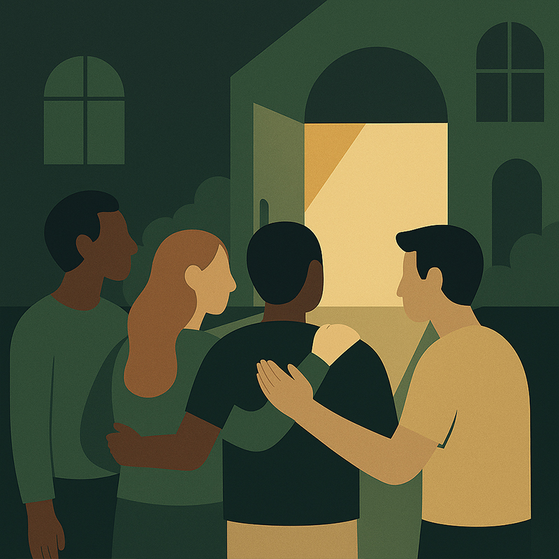 Flat-style digital illustration of a diverse, inclusive group of people standing outside an open church door with light spilling out, symbolizing belonging, restoration, and faith.