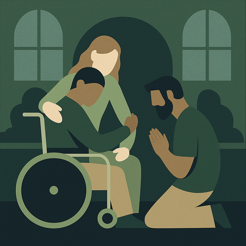 A flat illustration of diverse people offering care and comfort, symbolizing inclusive pastoral support at Faith by Bloom Ministries.