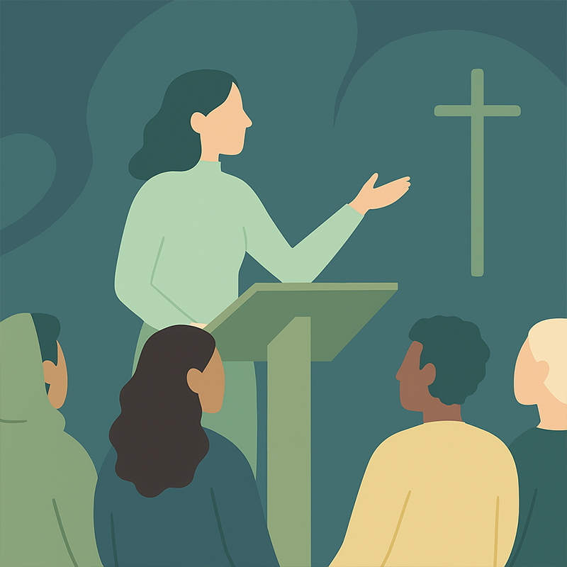 A diverse group gathered in a soft illustration, symbolizing inclusive worship at Faith by Bloom Ministries.