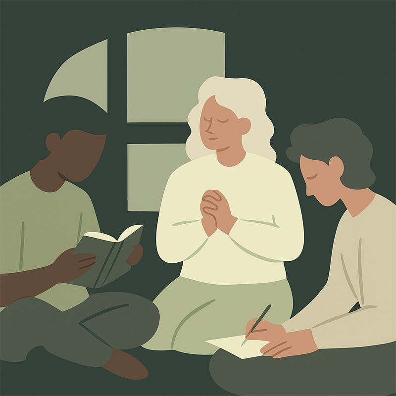 A flat-style illustration of diverse people studying and reflecting together, symbolizing faith in practice at Bloom Ministries.