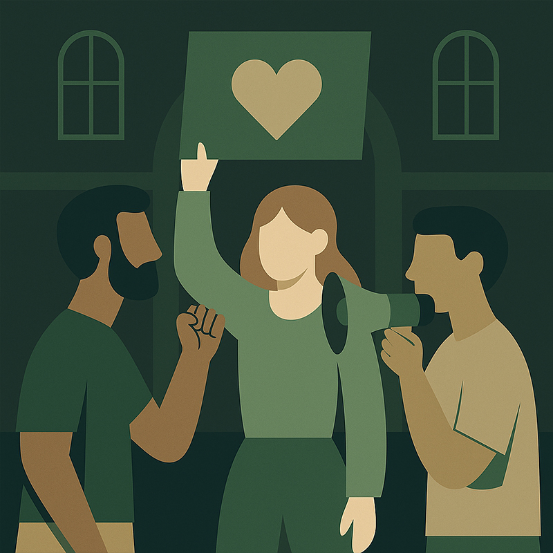 A flat illustration of diverse people serving and advocating together, symbolizing community and justice at Faith by Bloom Ministries.
