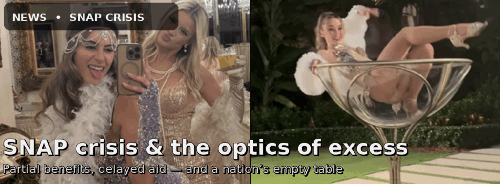 Composite image showing a performer in a martini-glass prop beside guests dressed in 1920s attire at a lavish party — used to illustrate the contrast between opulence and the nationwide SNAP funding crisis.