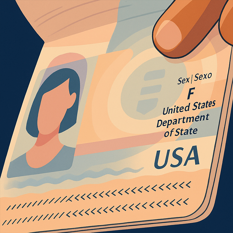 Illustration of a person’s hand holding an open U.S. passport, focusing on the gender marker section and the word “USA,” rendered in Bloom Ministries’ soft pink and sage color palette to symbolize dignity, safety, and belonging.
