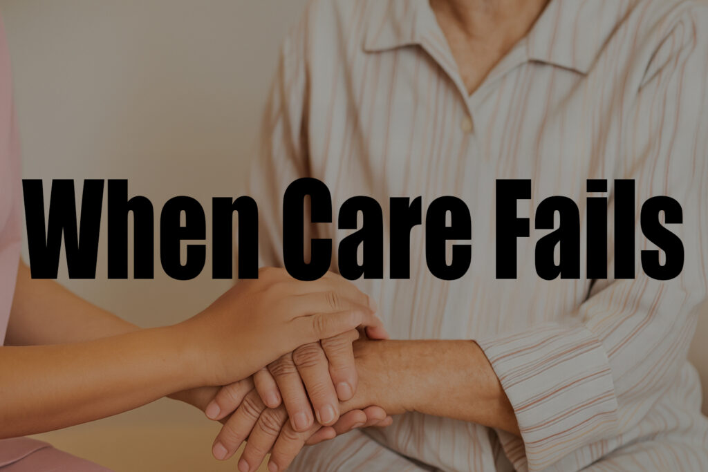 Caregiver holding elderly person’s hands, symbolizing empathy and support – When Care Fails by Bloom Ministries