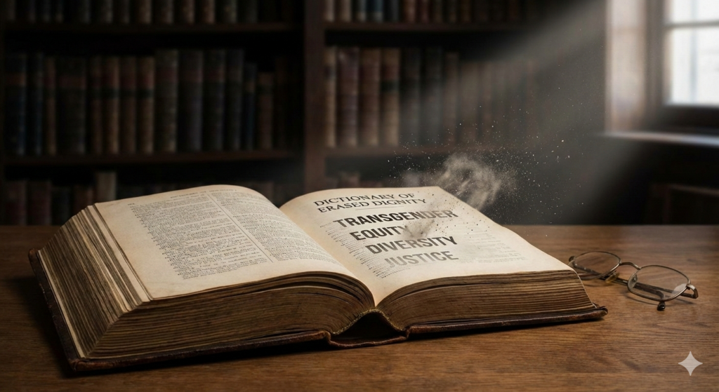 A leather-bound dictionary with words like Transgender, Equity, and Justice dissolving into dust, representing 2025 federal language suppression.