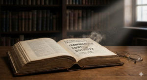 A leather-bound dictionary with words like Transgender, Equity, and Justice dissolving into dust, representing 2025 federal language suppression.