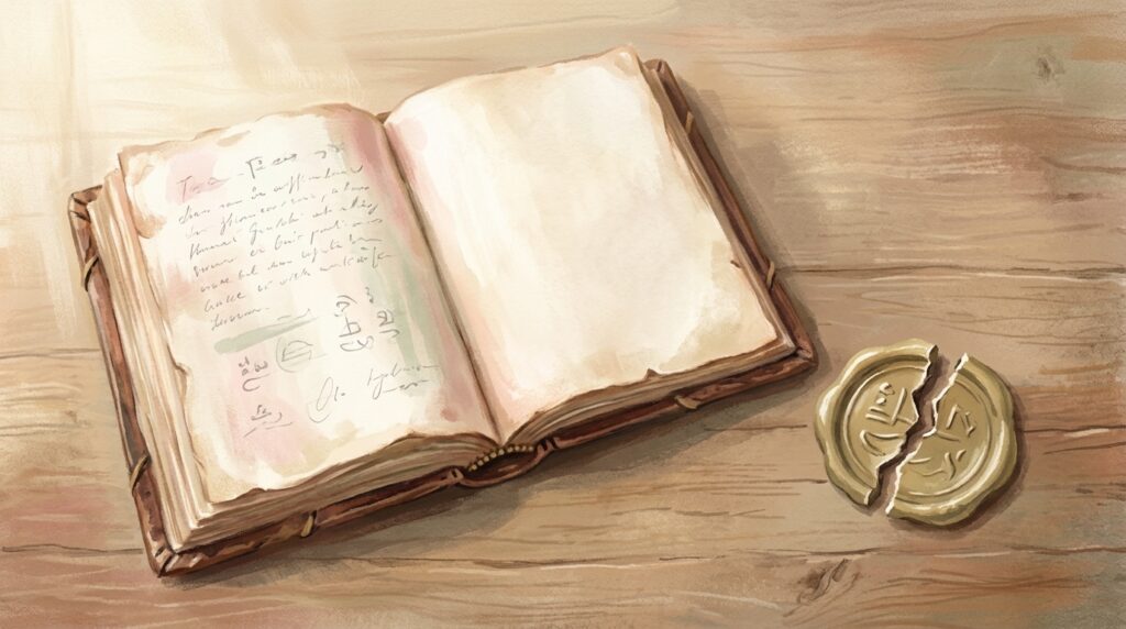 The Bloom Charter launch — an open bound document on a plain table beside a gold seal whose ring is deliberately broken and rejoined