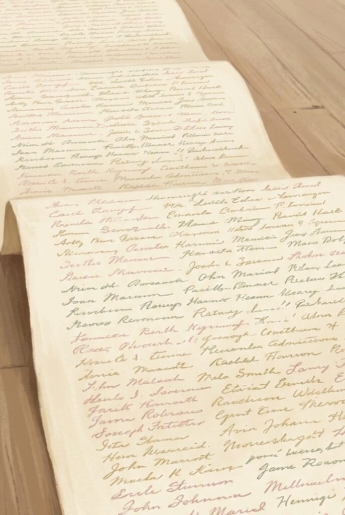 A long roll of paper covered in thousands of indistinct signatures unspooling across a bare wooden floor, evoking the 1838 People's Charter petition