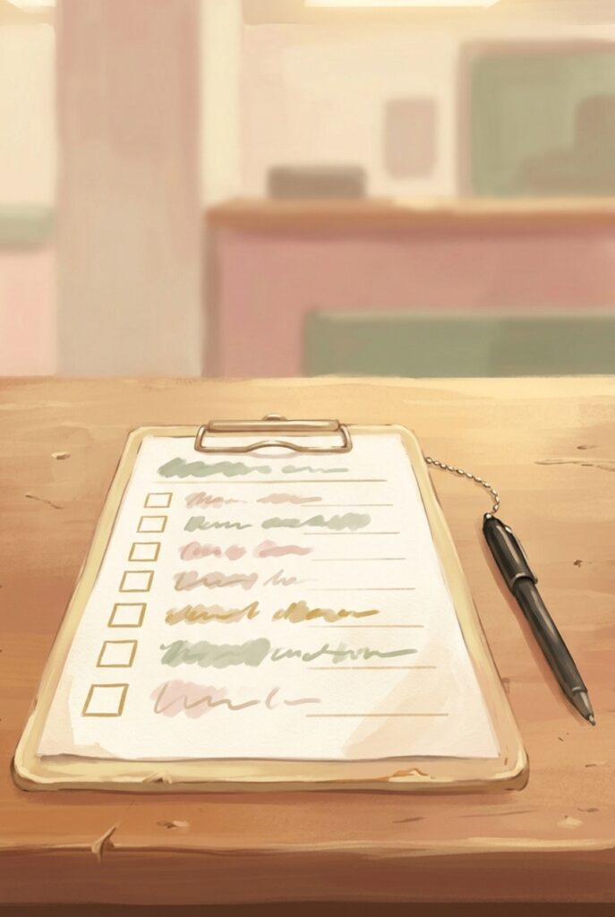 A clipboard on a counter holding a form with a column of small empty checkboxes and a pen on a chain