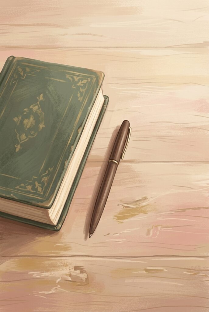 A closed bound book on a plain wooden desk with a pen laid down beside it, no hands present