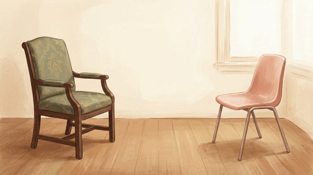 Two empty chairs facing each other in a bare room — a heavy conference chair and a light plastic waiting-room chair