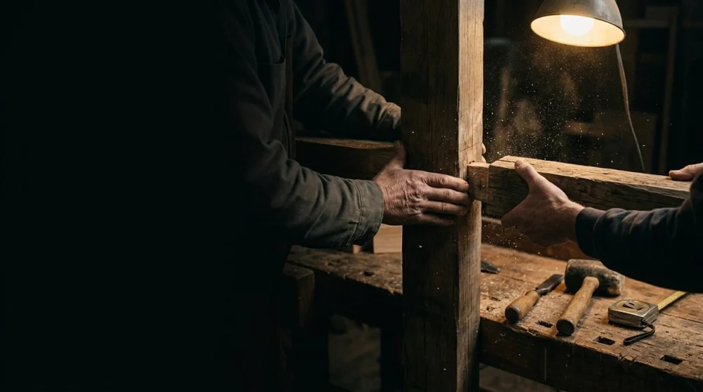 Two pairs of hands fitting a salvaged wooden beam into a timber frame under a warm work lamp