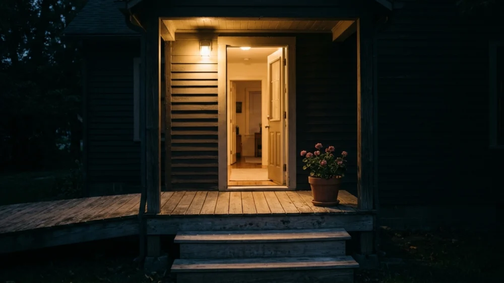 A porch light glowing above an open front door at dusk, warm light falling onto the steps