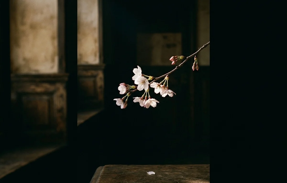 A cherry blossom branch in sharp focus against deep shadow, lit by one warm shaft of light