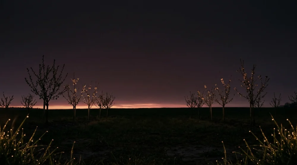 First light rising behind a row of young flowering trees on a dark horizon at dawn