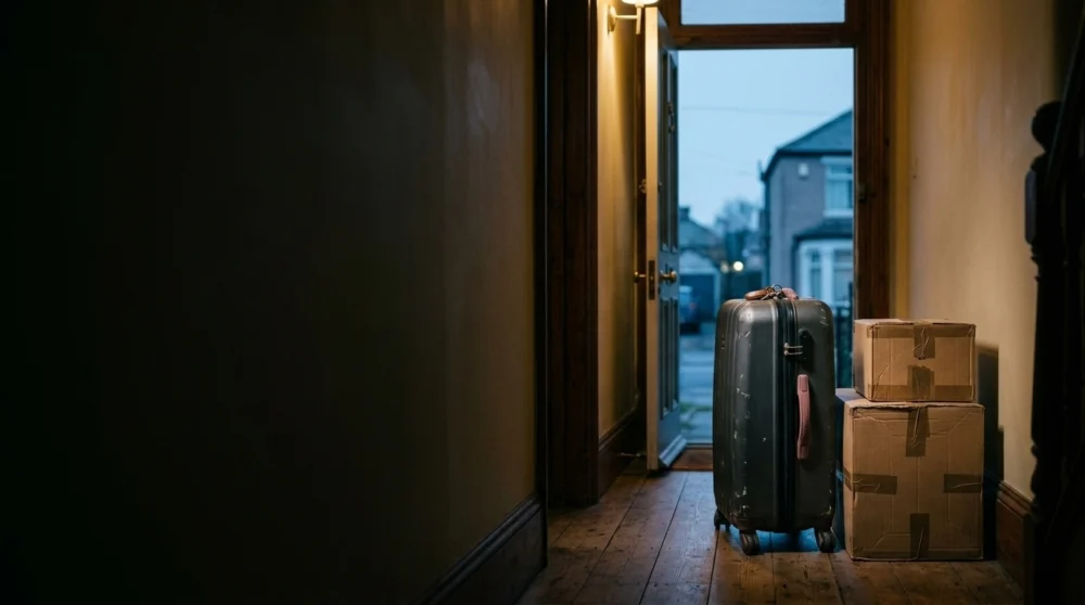 A packed suitcase and two taped boxes beside an open front door at dawn, a set of keys on top