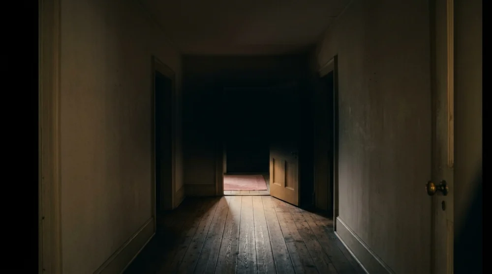 A dim hallway with one door at the far end standing open and warm light spilling across the floor