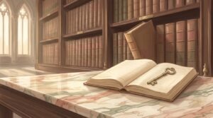 An open, empty ledger on a marble table with a brass key across the blank page, picturing the Trump $5,000 dividend as a promise with no appropriation written yet